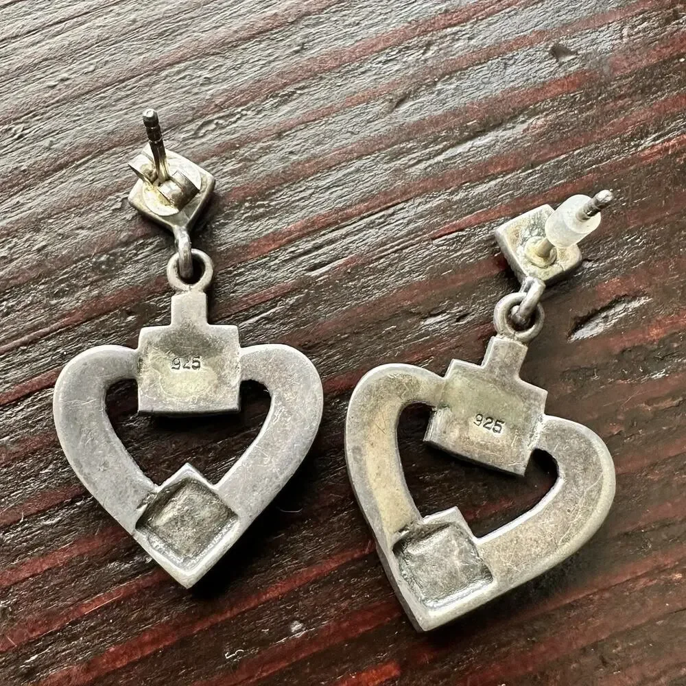 Vintage 925 Sterling Silver Natural Marcasite Heart Pierced Earrings Art Deco